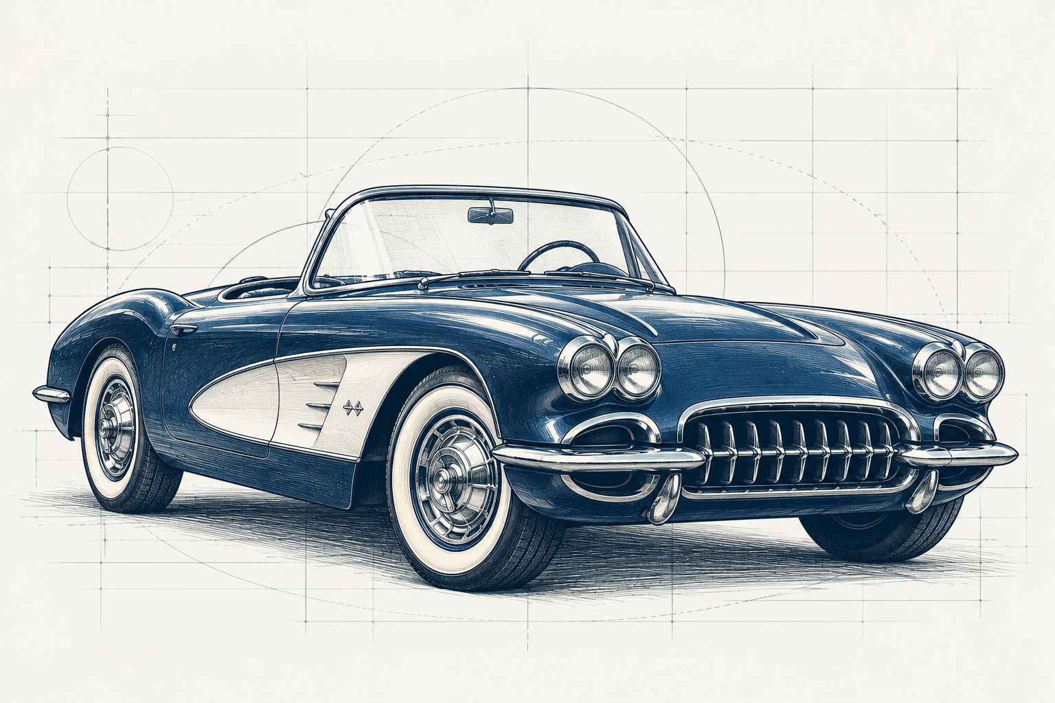Ilustración artesanal de un automóvil clásico en azul marino sobre una lámina técnica clara